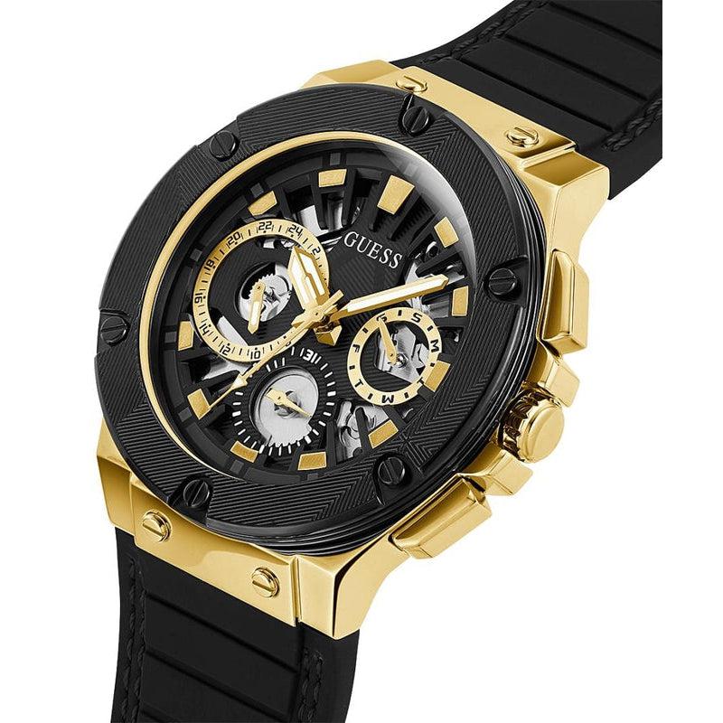 GUESS Mens Black Gold Tone Multi-function Watch