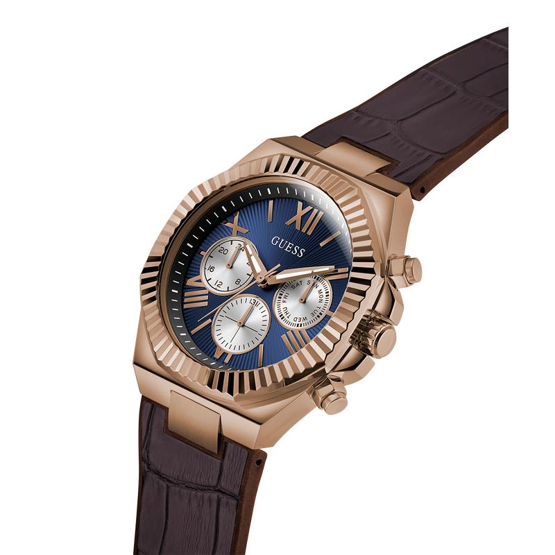 Guess Equity Brown Coffee Multi‑Function Watch with Blue Dial