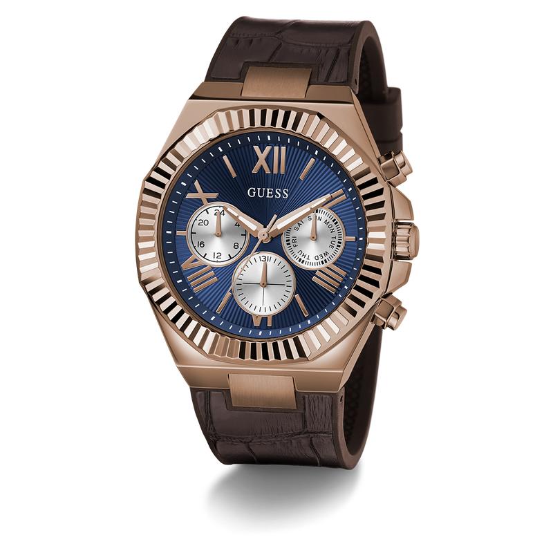 Guess Equity Brown Coffee Multi‑Function Watch with Blue Dial
