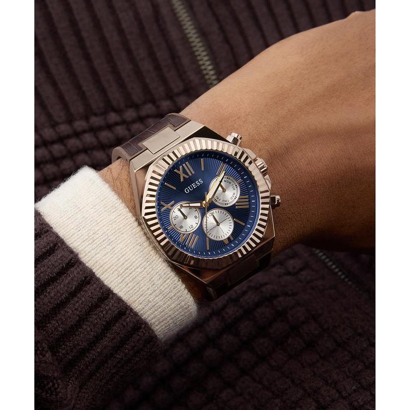 Guess Equity Brown Coffee Multi‑Function Watch with Blue Dial