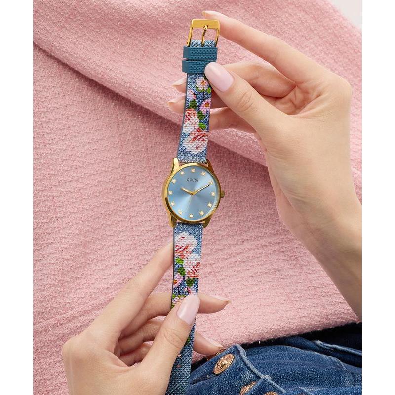 Guess Ladies Blue Gold Tone Analog Watch with Denim Strap