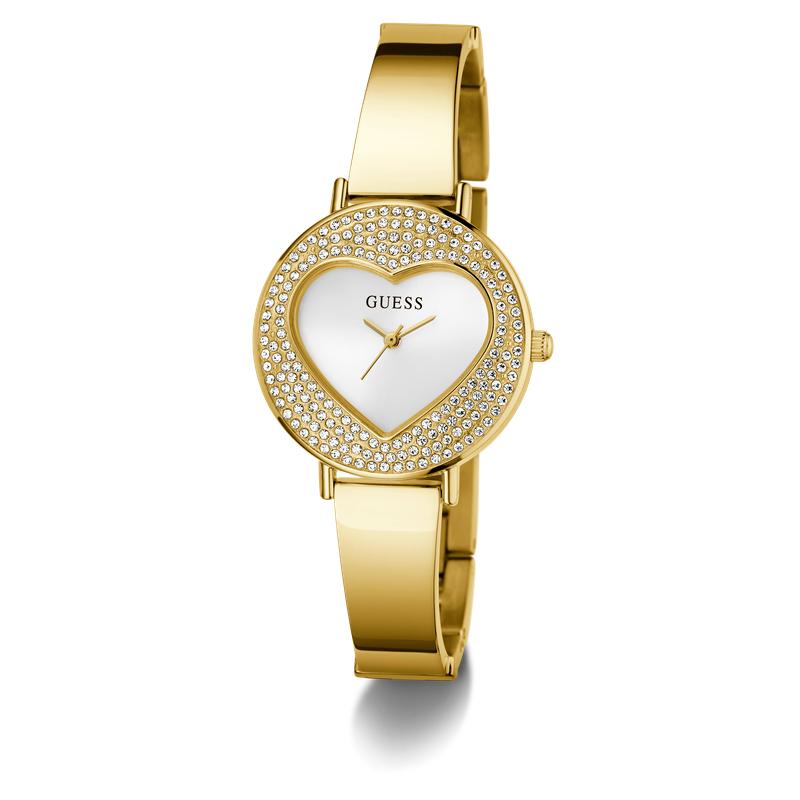 Guess Ladies Gold Tone Analog Watch with Heart‑Shaped Sunray Dial