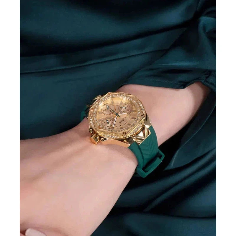 Guess Ladies Green Gold Tone Multi-function Watch