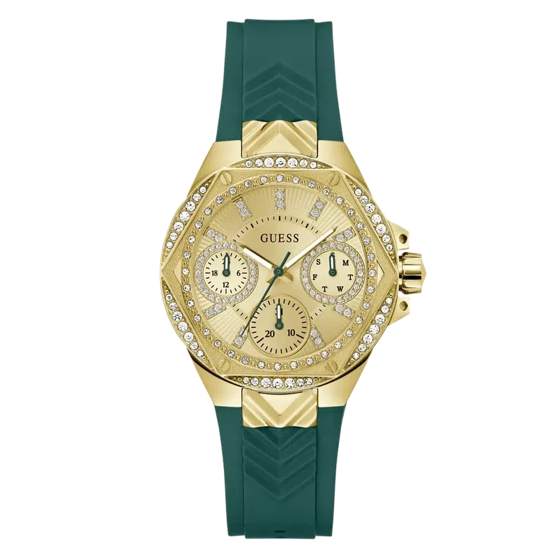 Guess Ladies Green Gold Tone Multi-function Watch