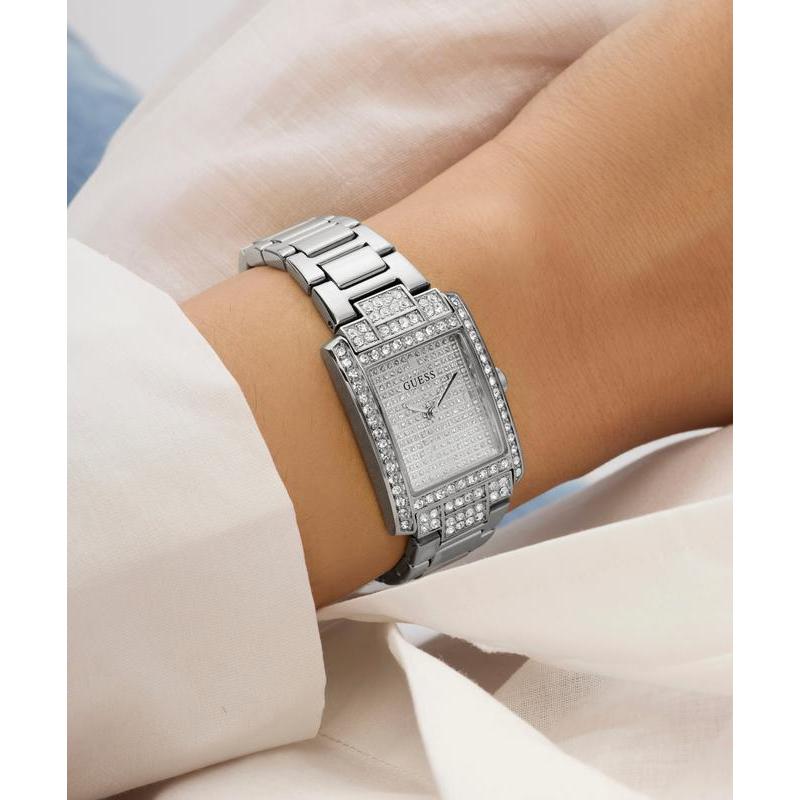 Guess Ladies Silver Tone Analog Watch with Diamond-Accented Bracelet
