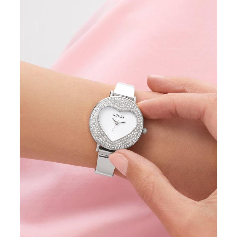 Guess Ladies Silver Tone Analog Watch with Heart-Shaped Dial
