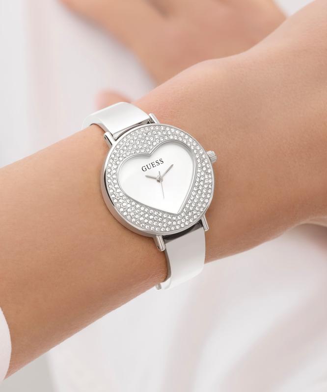Guess Ladies Silver Tone Analog Watch with Heart-Shaped Dial
