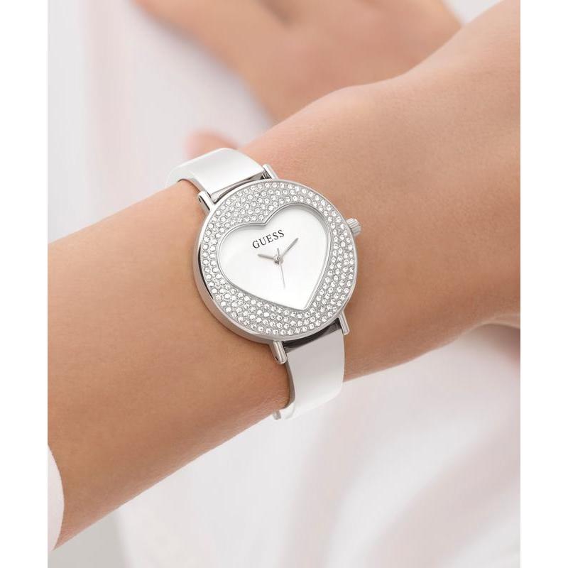 Guess Ladies Silver Tone Analog Watch with Heart-Shaped Dial