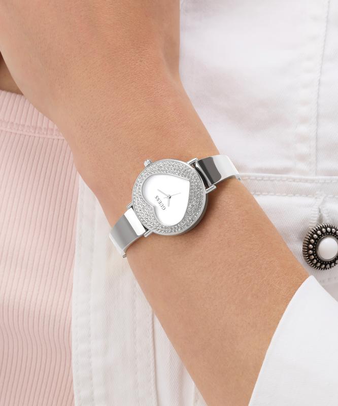 Guess Ladies Silver Tone Analog Watch with Heart-Shaped Dial