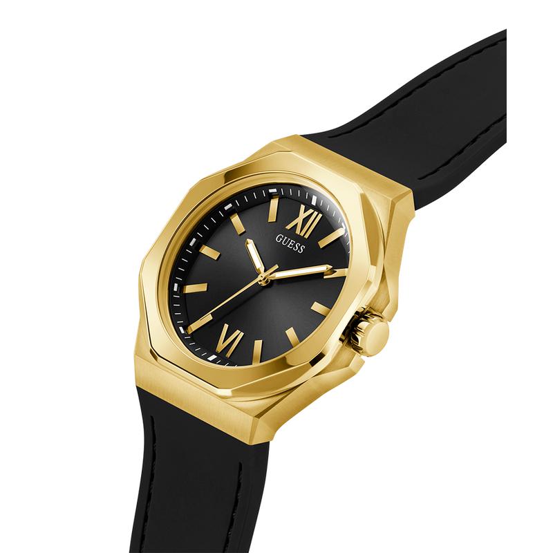 Guess Mens Black Gold Tone Analog Watch