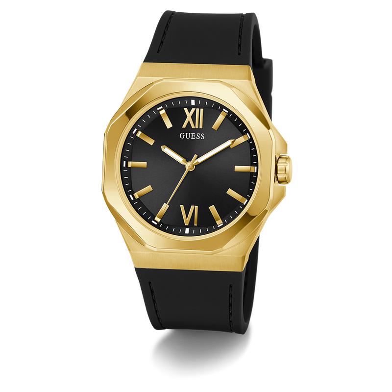 Guess Mens Black Gold Tone Analog Watch