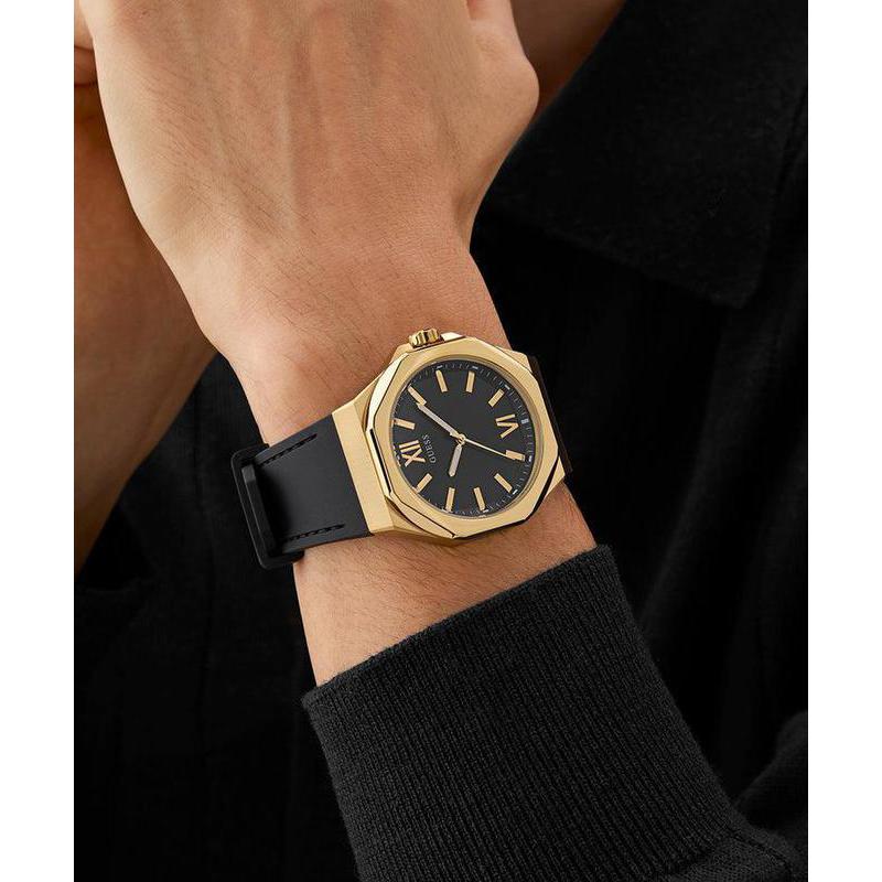 Guess Mens Black Gold Tone Analog Watch