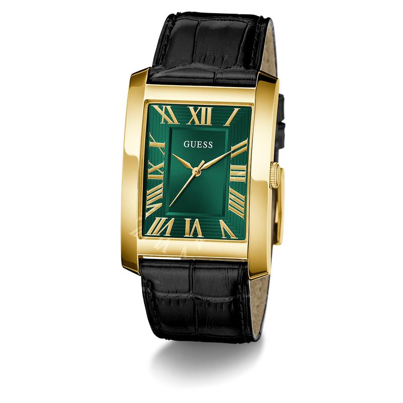 Guess Men's Black Gold Tone Analog Watch with Green Dial