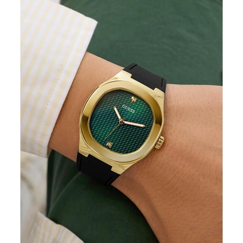 Guess Men's Black Gold‑Tone Analog Watch with Green Dial
