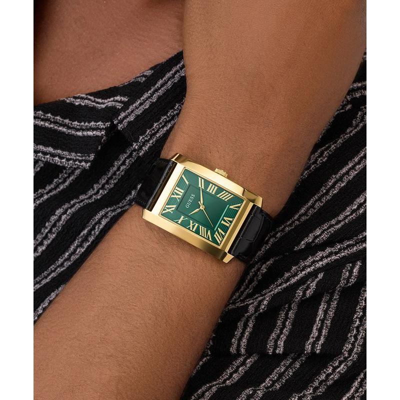Guess Men's Black Gold Tone Analog Watch with Green Dial