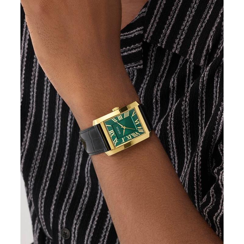 Guess Men's Black Gold Tone Analog Watch with Green Dial