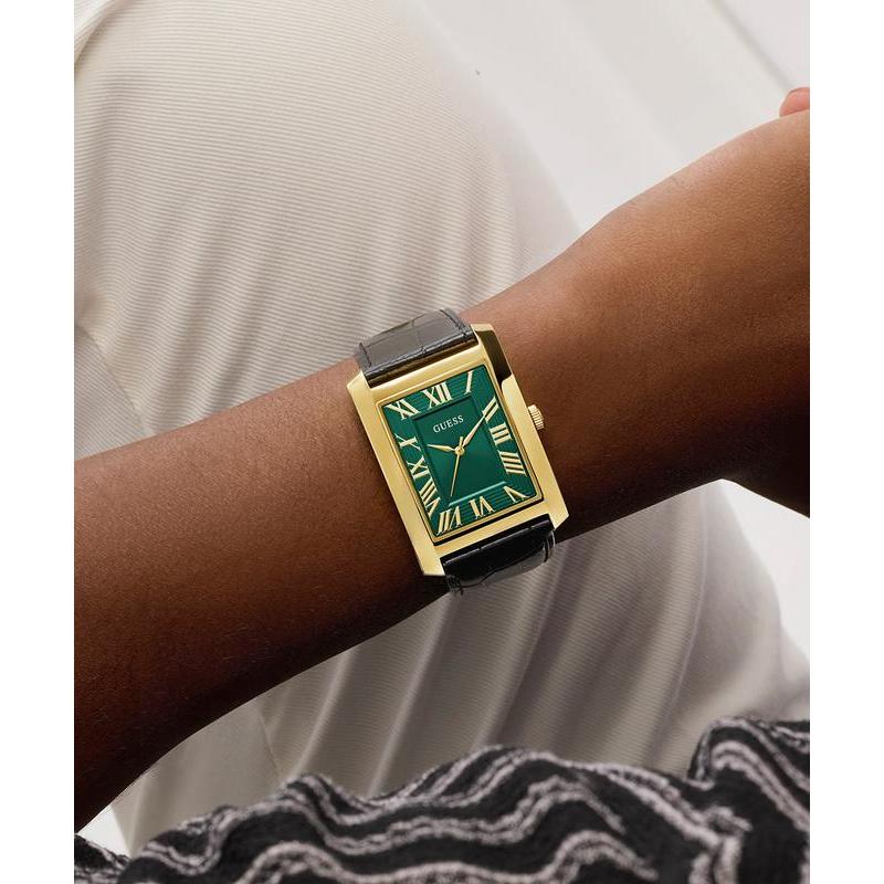 Guess Men's Black Gold Tone Analog Watch with Green Dial