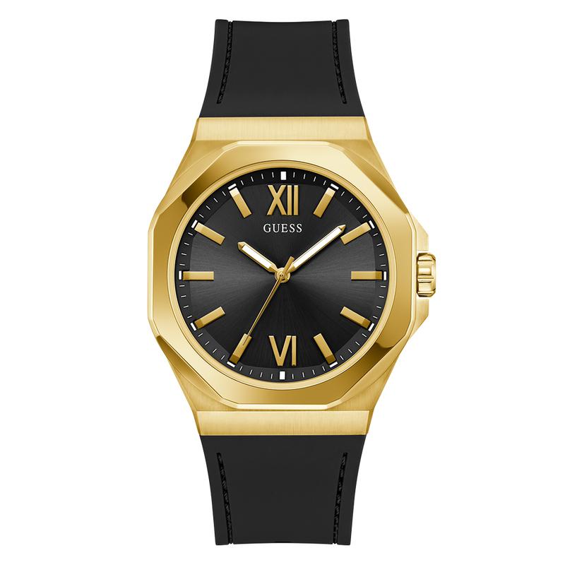 Guess Mens Black Gold Tone Analog Watch