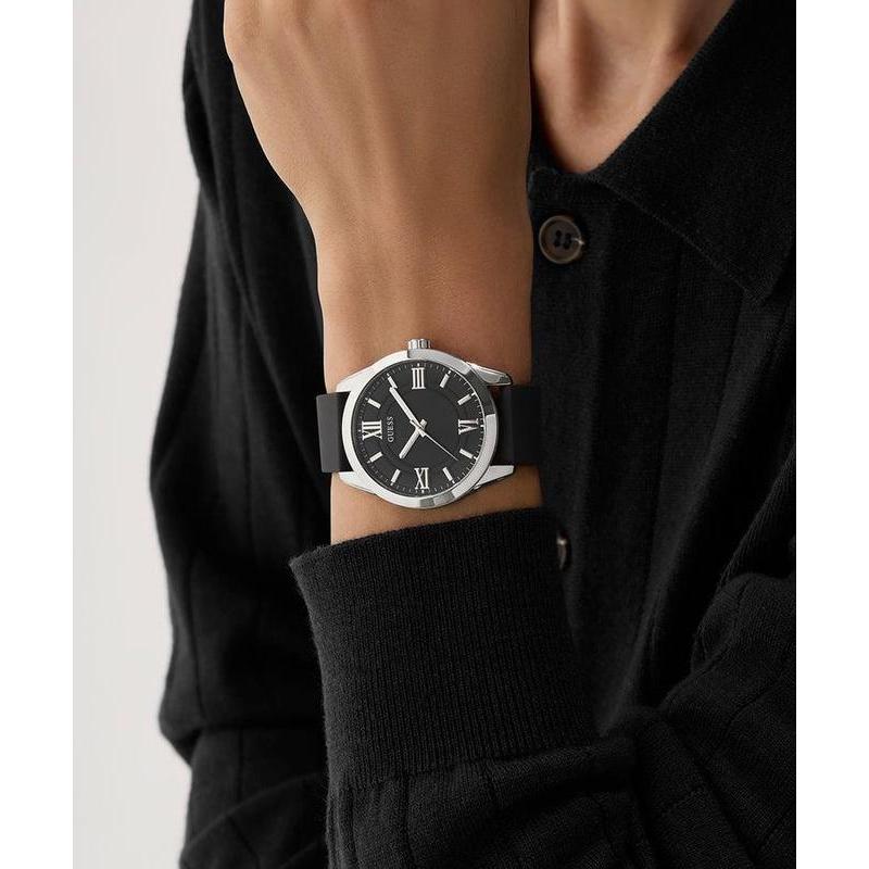 Guess Mens Black Silver Tone Analog Watch