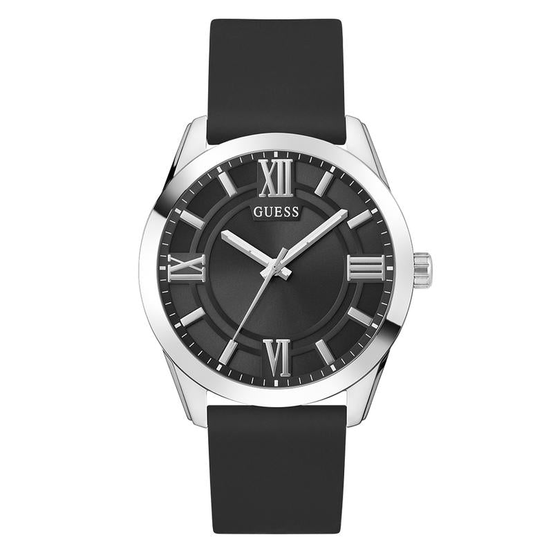 Guess Mens Black Silver Tone Analog Watch