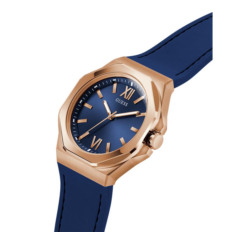 Guess Mens Blue Rose Gold Tone Analog Watch