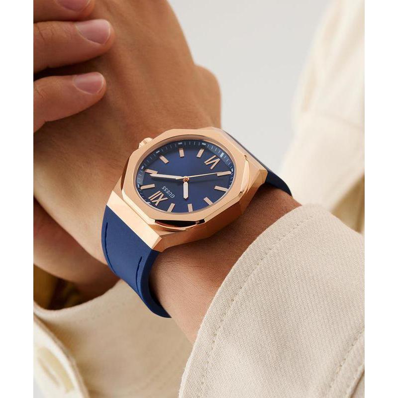 Guess Mens Blue Rose Gold Tone Analog Watch