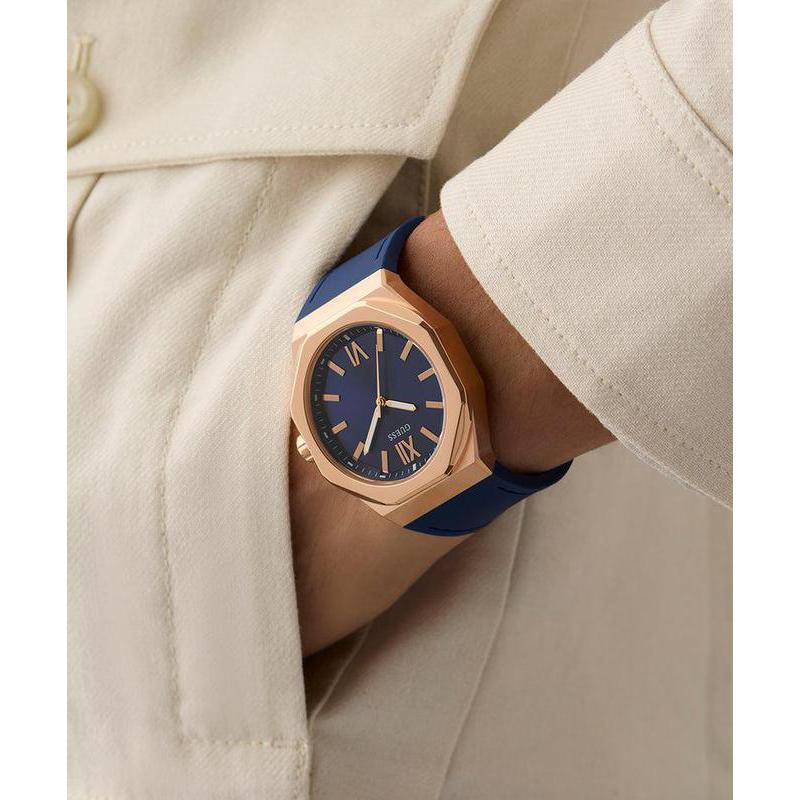 Guess Mens Blue Rose Gold Tone Analog Watch