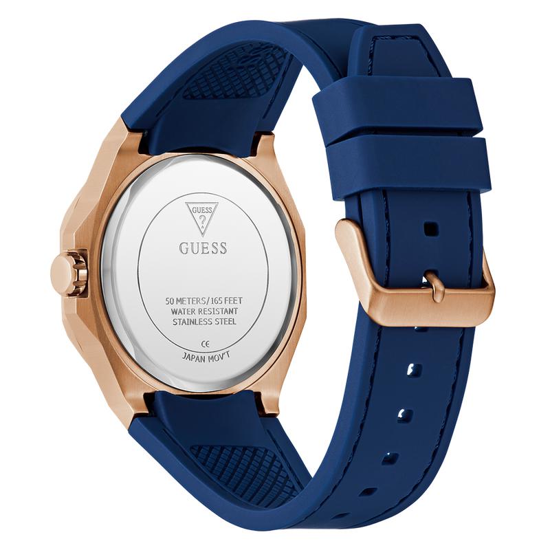 Guess Mens Blue Rose Gold Tone Analog Watch