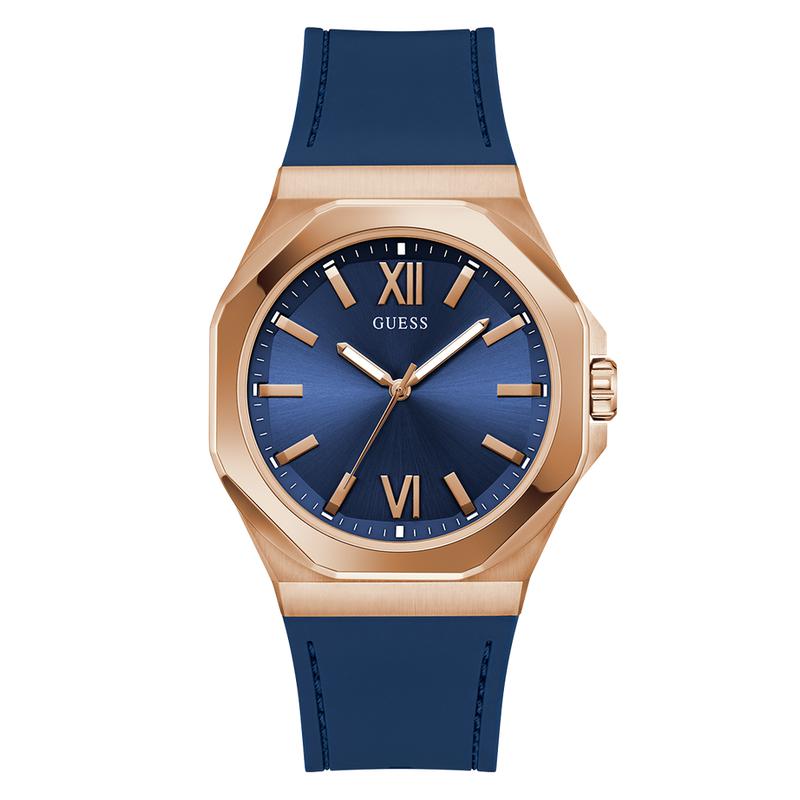 Guess Mens Blue Rose Gold Tone Analog Watch