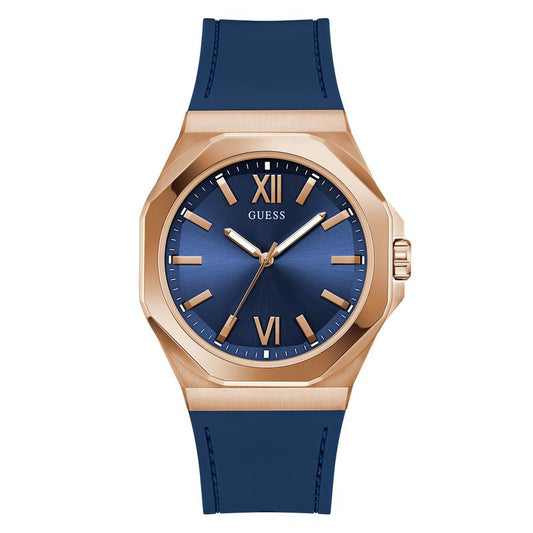 Guess Mens Blue Rose Gold Tone Analog Watch