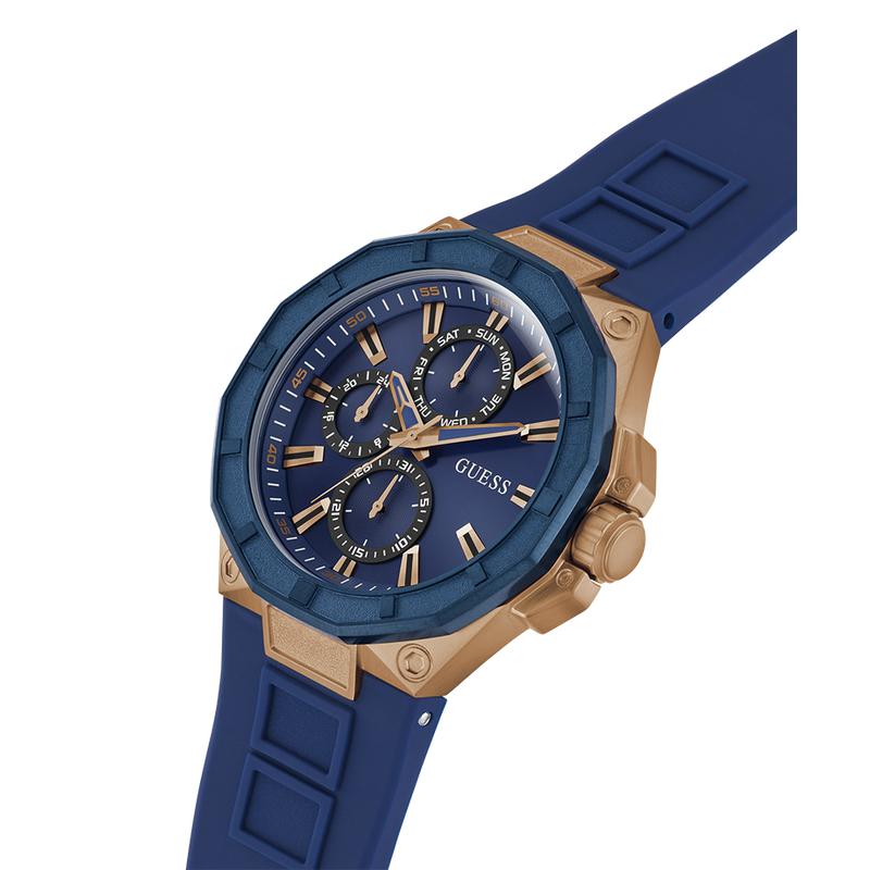 Guess Mens Blue Rose Gold Tone Multi-function Watch