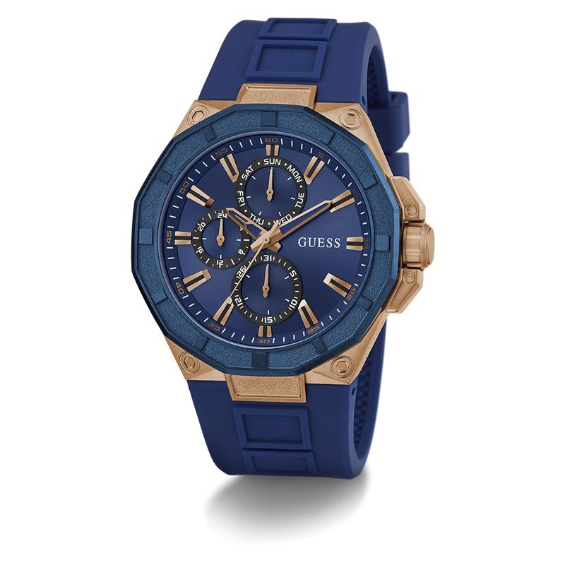 Guess Mens Blue Rose Gold Tone Multi-function Watch