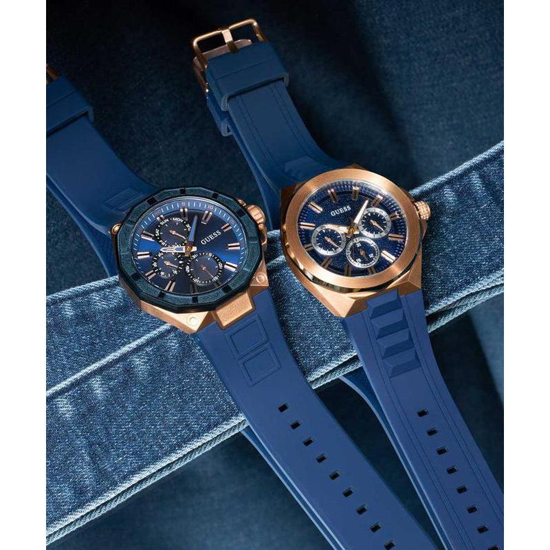 Guess Mens Blue Rose Gold Tone Multi-function Watch