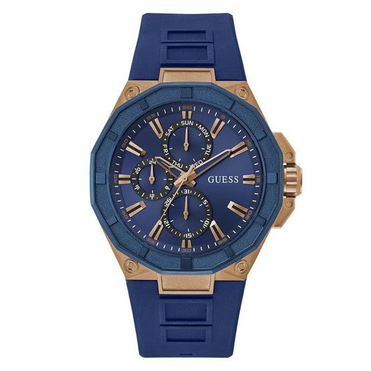 Guess Mens Blue Rose Gold Tone Multi-function Watch