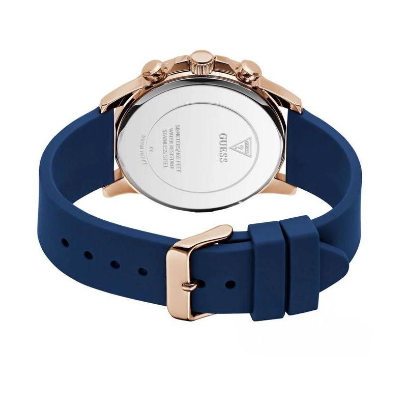 Guess Mens Blue Rose Gold Tone Multifunction Watch