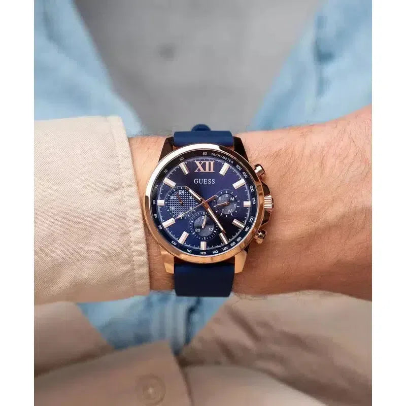 Guess Mens Blue Rose Gold Tone Multifunction Watch