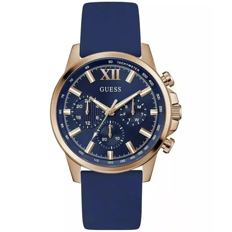 Guess Mens Blue Rose Gold Tone Multifunction Watch