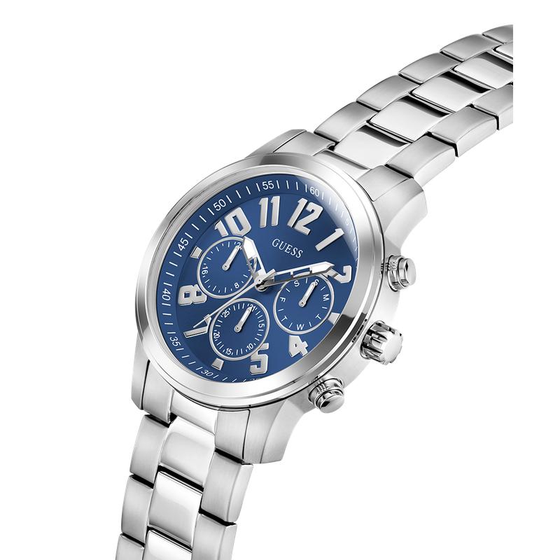 Guess Men's Silver Tone Analog Watch with Deep Blue Dial