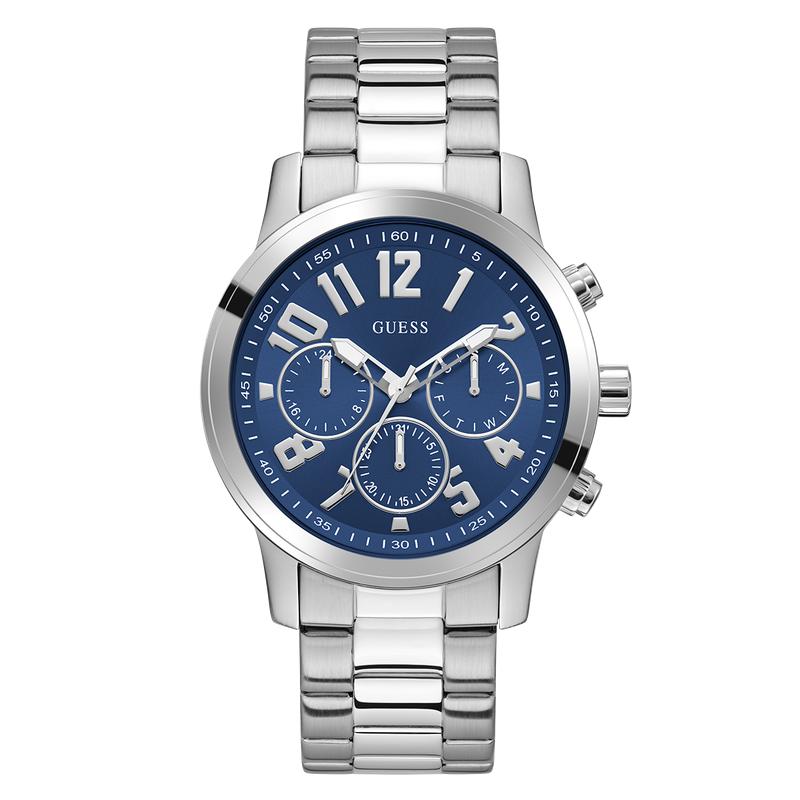 Guess Men's Silver Tone Analog Watch with Deep Blue Dial