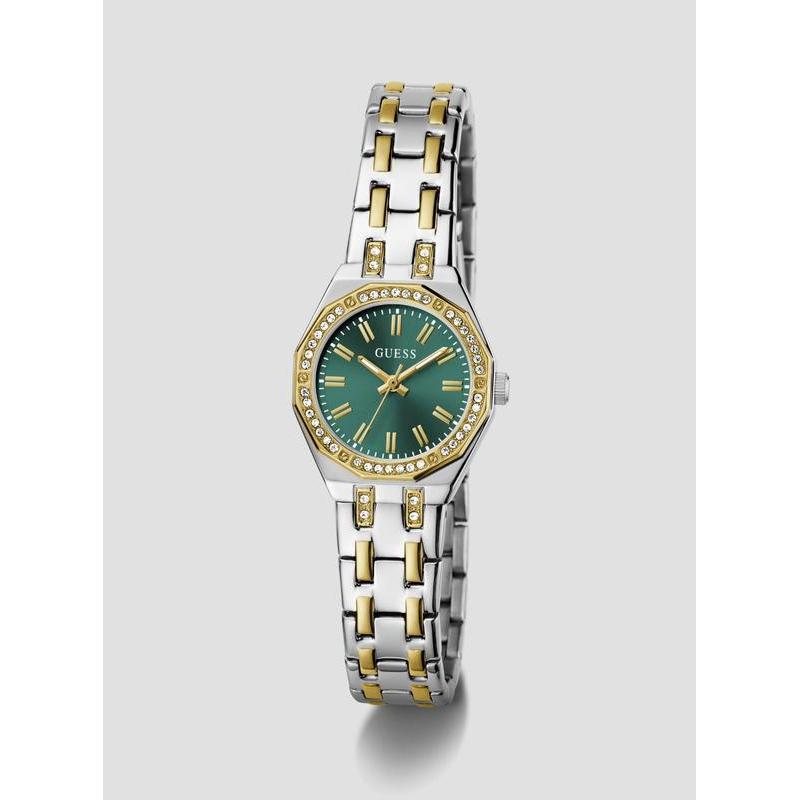 Guess Silver Gold Two-Tone Women's Watch with Green Dial