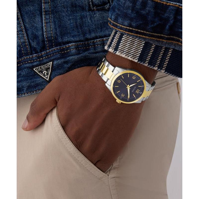 Guess Two-Tone Silver Gold Analog Watch Blue Dial