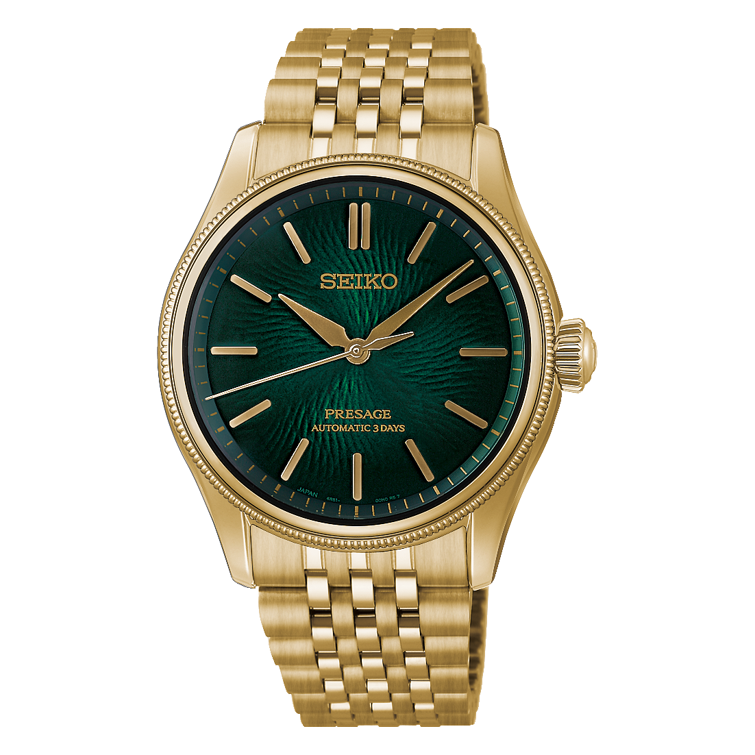 Seiko Presage Classic "Tradman's Bonsai" HCC009J1 pine-green dial, gold-tone case and bracelet