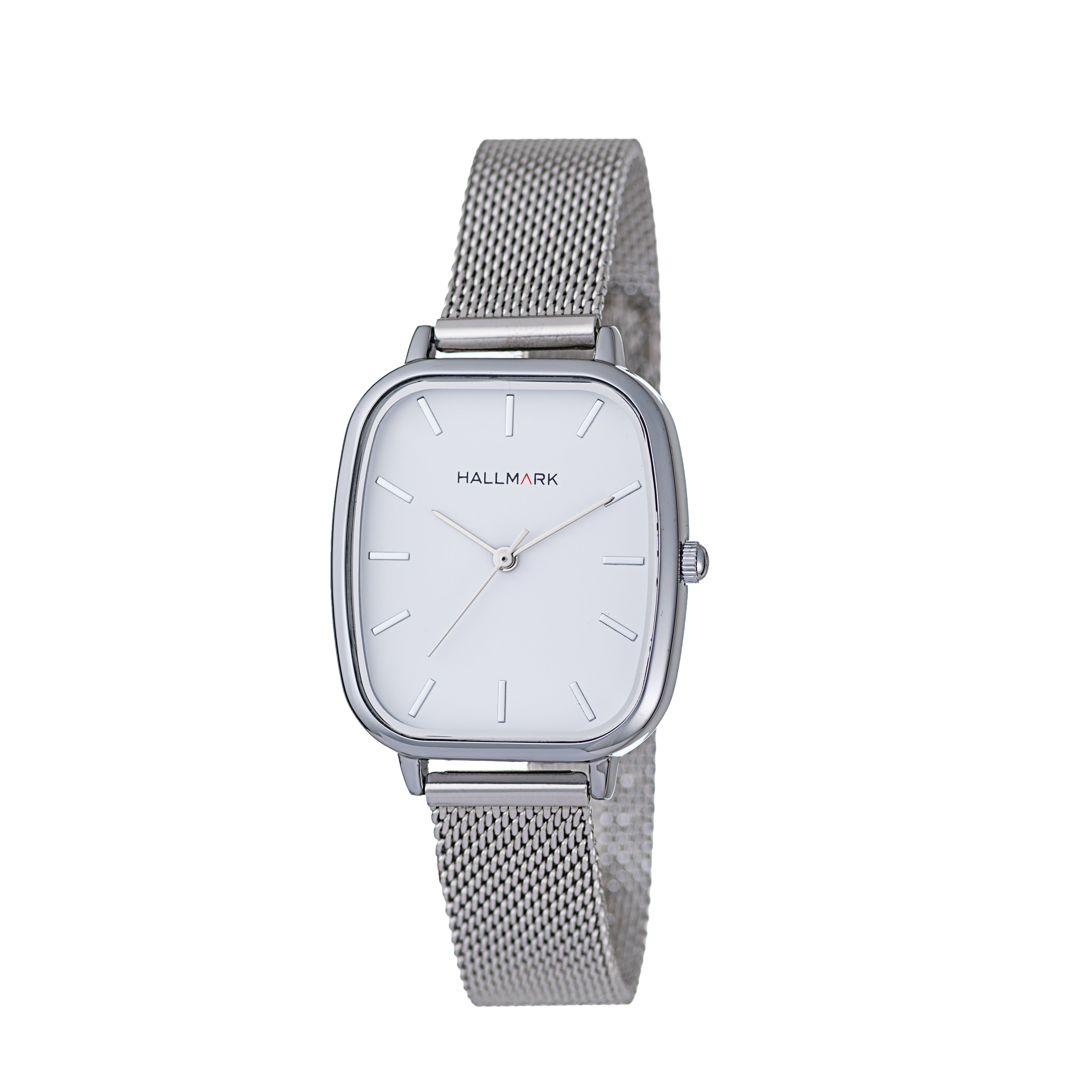 Hallmark Ladies’ Silver-Tone Rectangular Watch with White Dial and Mesh Bracelet