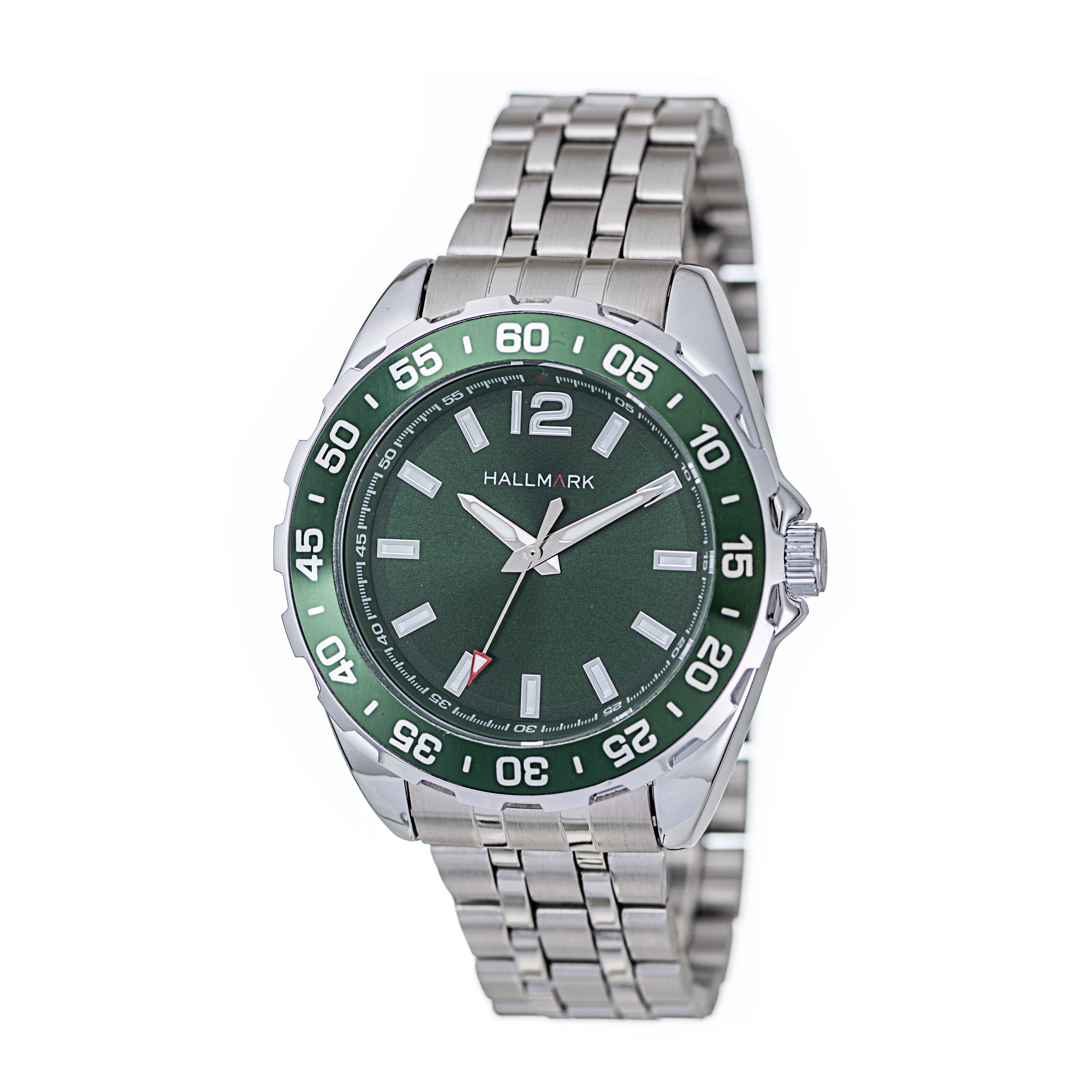 Hallmark Men’s Silver-Tone Sports Watch with Green Dial and Green Bezel