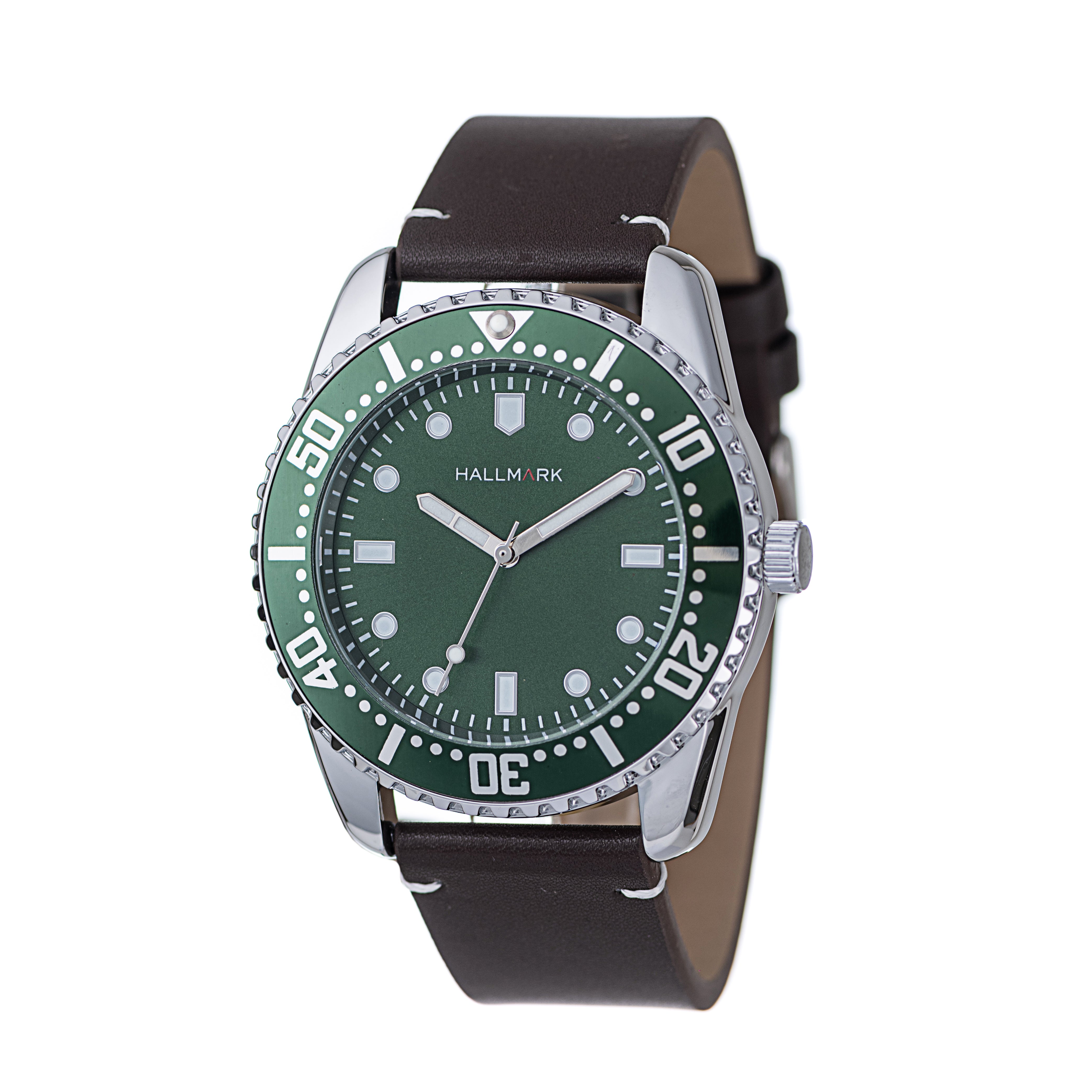 Hallmark Men’s Silver-Tone Sports Watch with Green Dial and Brown Leather Strap