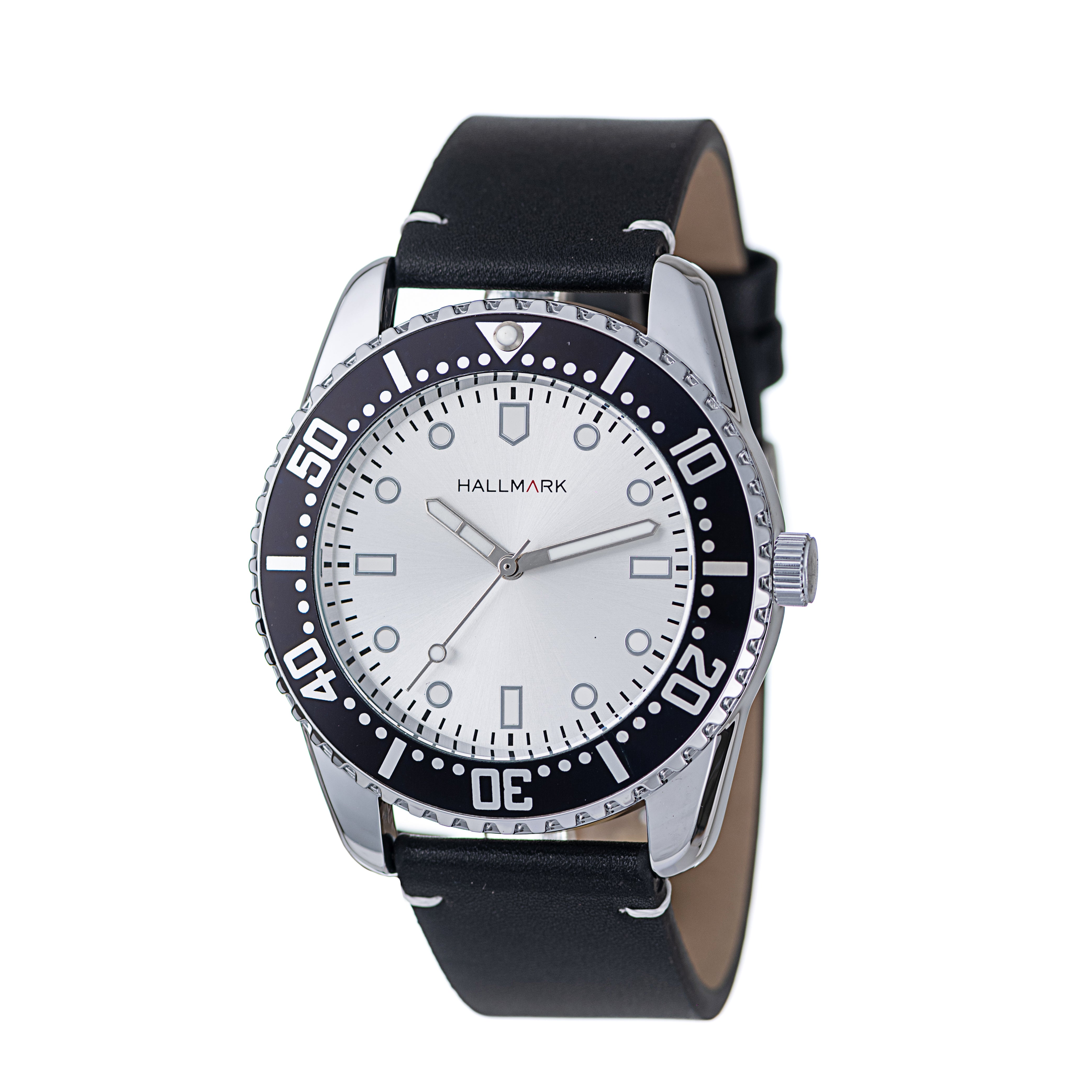 Hallmark Men’s Silver-Tone Sports Watch with Silver Dial and Black Leather Strap