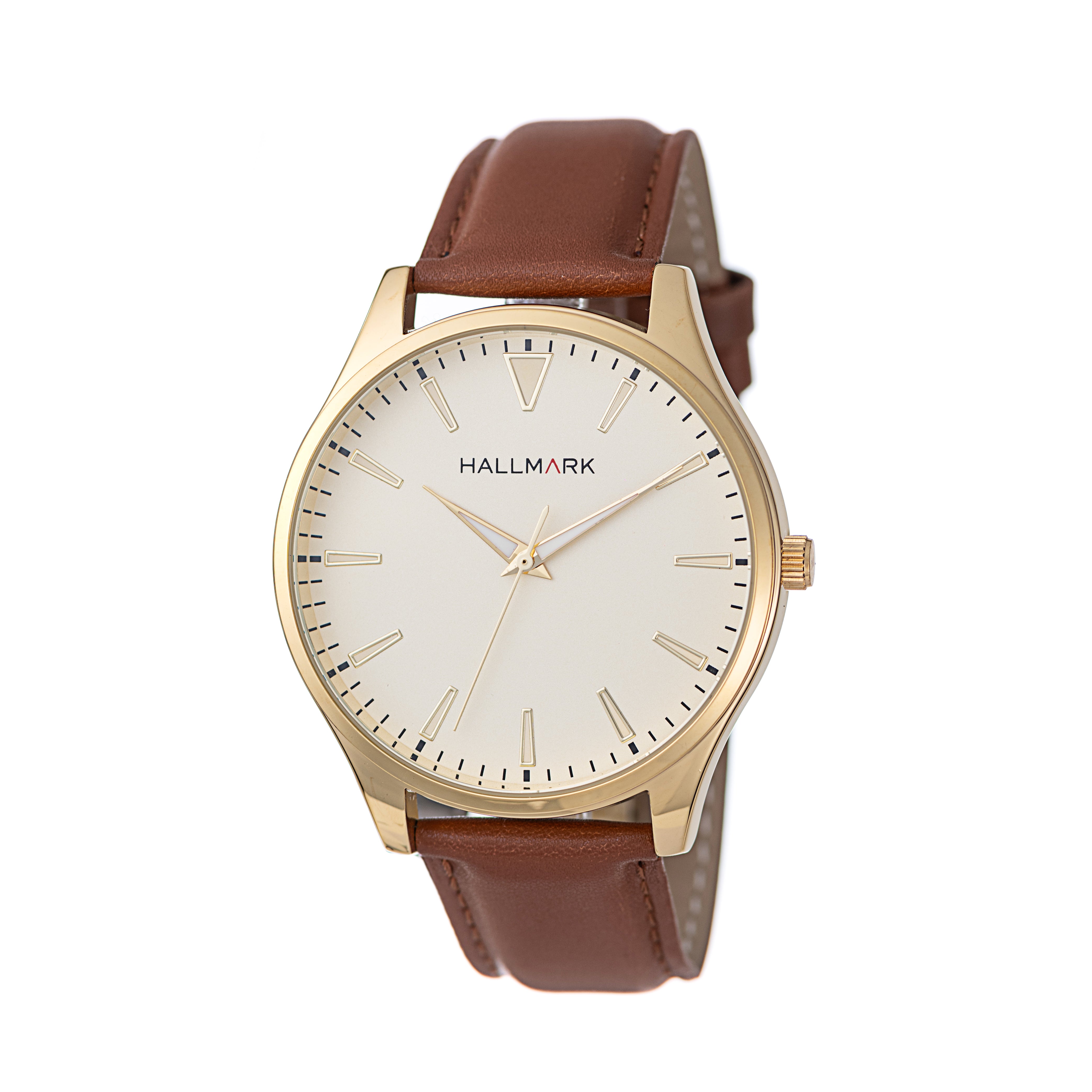 Hallmark Men’s Gold-Tone Watch with Champagne Dial and Brown Leather Strap