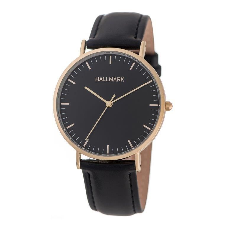 Hallmark Gents Leather Black Strap Black Dial Watch