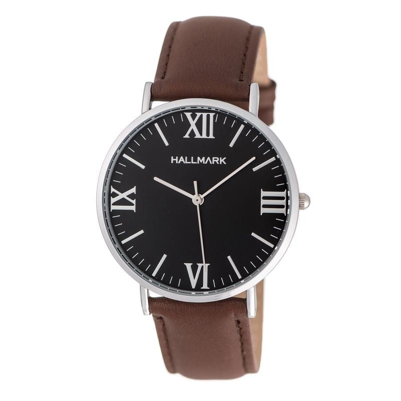 Hallmark Gents Leather Brown Strap Black Dial Watch