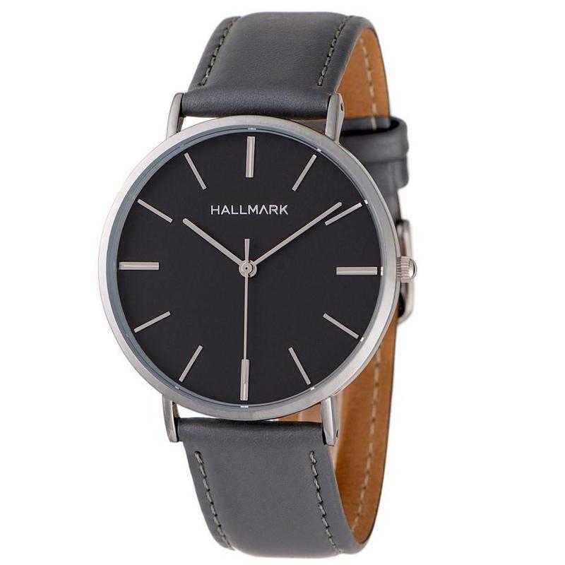 Hallmark Gents Leather Grey Strap Black Dial Watch